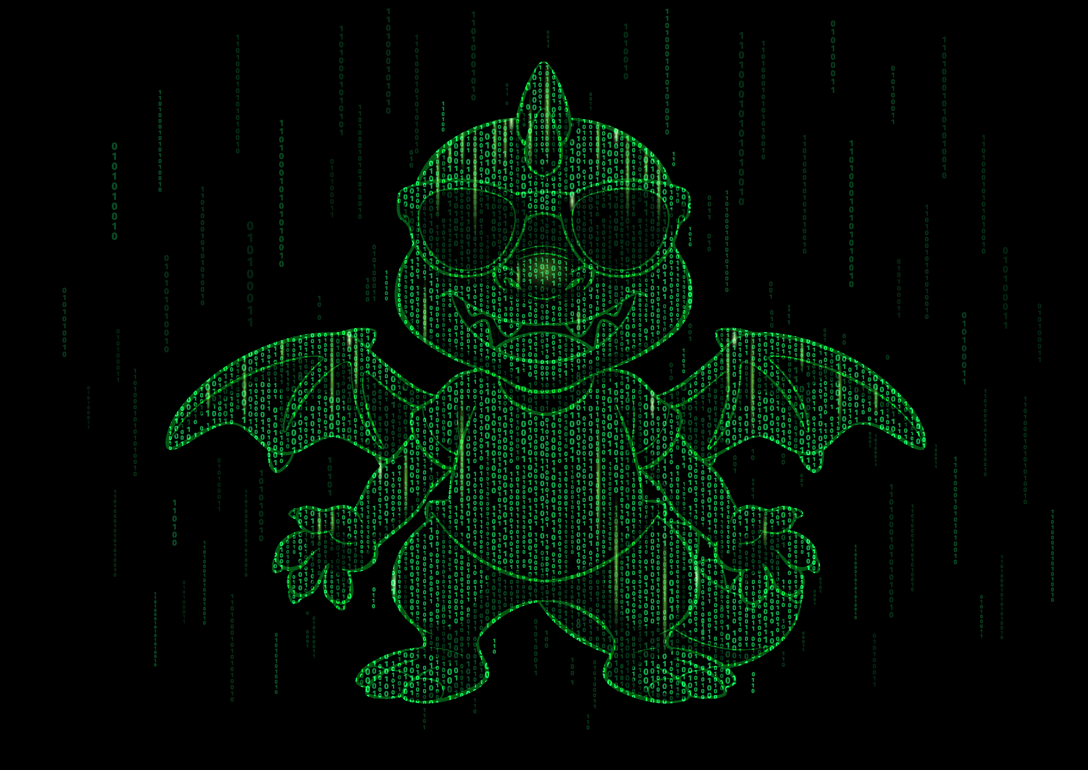 Wordzilla in green code rain